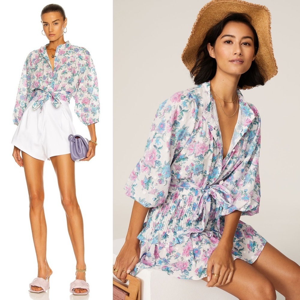 LOVESHACKFANCY Floral Cotton Puff Long Sleeve Tie Waist Button‎ Front Crop Top M